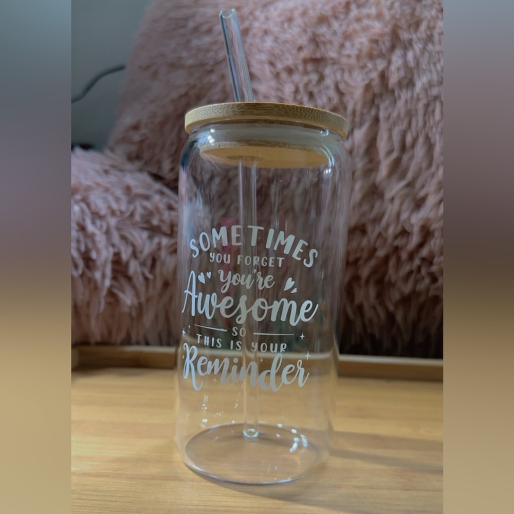 Drinking glass with straw, lid, straw cleaning (New!)